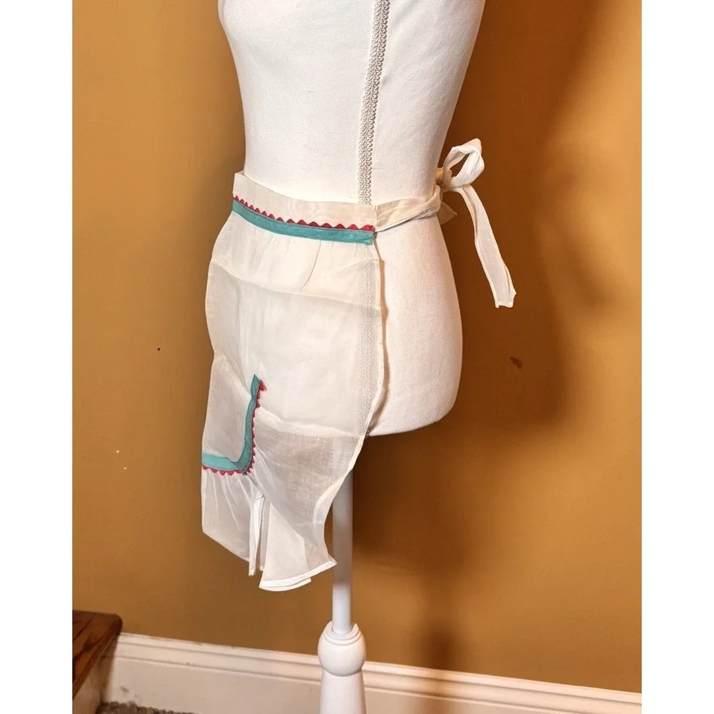Vintage Sheer Organza Half Apron White Teal Pink Ric Rac Ruffle Retro